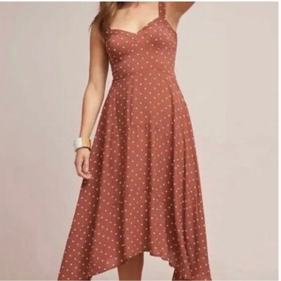 Anthropologie Maeve Vivienne Brown Polka Dot Sweetheart Neck Midi Dress - Picture 1 of 4